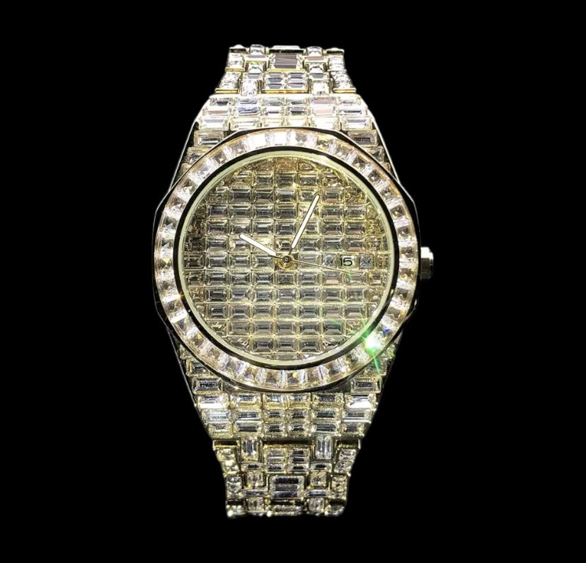 Iced Out 40mm Gold Full Diamond Baguette Watch