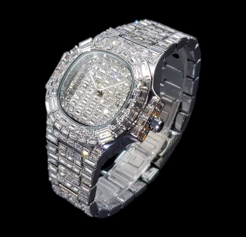 Iced Out Silver Diamond Baguette Watch