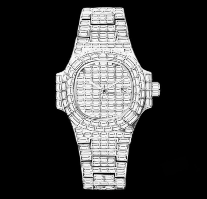 Iced Out Silver Diamond Baguette Watch