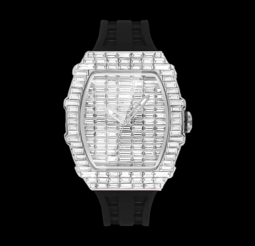 Iced Out 40mm Silver Diamond Baguette Face Black Band Watch