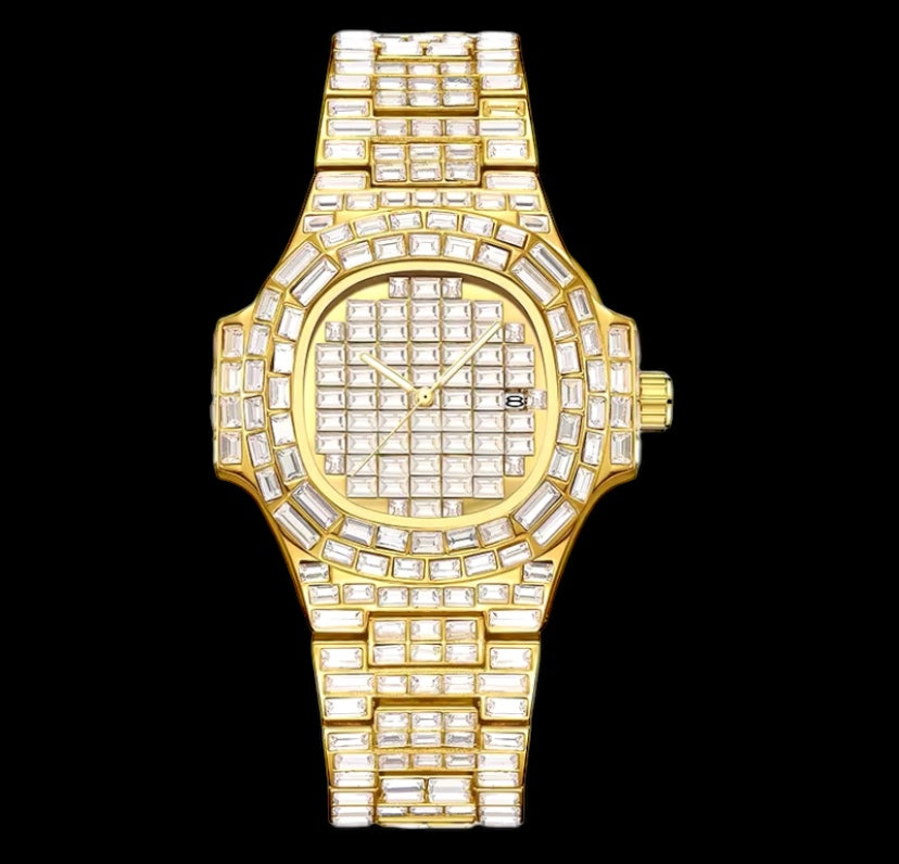 Iced Out Gold Diamond Baguette Watch