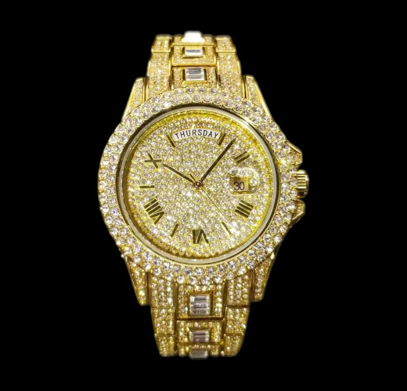 Iced Out 42mm Gold Diamond + Baguette Day Date Watch