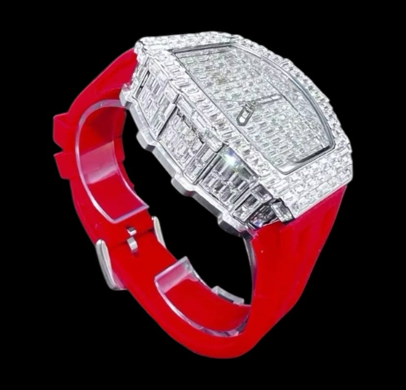 Iced Out 40mm Silver Diamond Baguette Red Band Watch