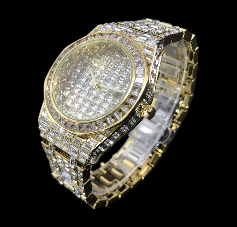 Iced Out 40mm Gold Full Diamond Baguette Watch