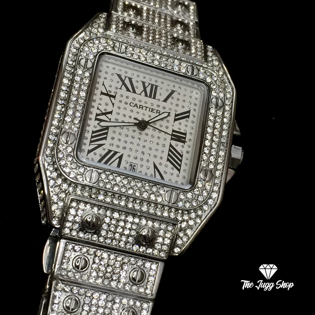 Iced Out Bust Down 18k Silver Diamond Cartier Men’s Watch