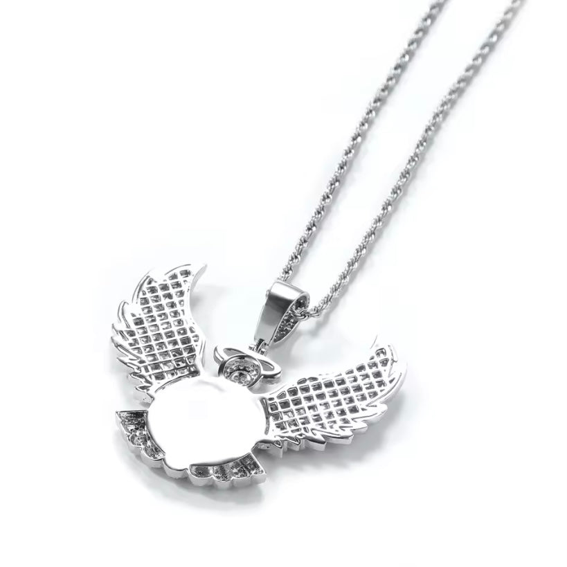 Custom Diamond Angel Wings BIG Photo Charm Necklace