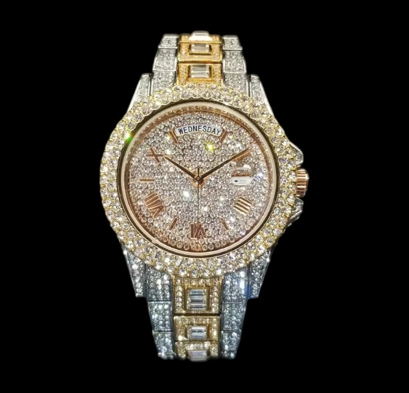 Iced Out 42mm Rose Gold Diamond + Baguette Day Date Watch
