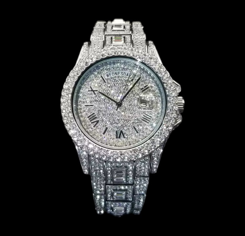 Iced Out 42mm Silver Diamond + Baguette Day Date Watch