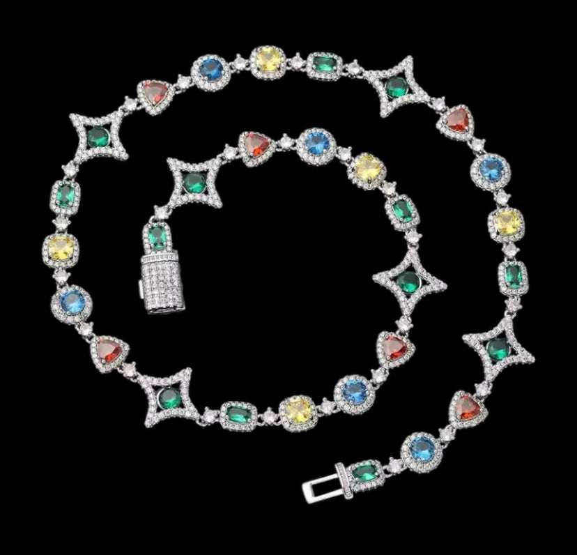 Iced Out Colored Diamond Gem Stone Necklace