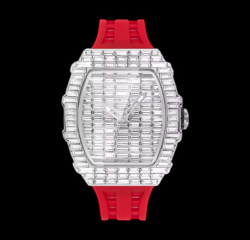 Iced Out 40mm Silver Diamond Baguette Red Band Watch