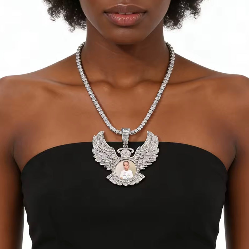 Custom Diamond Angel Wings BIG Photo Charm Necklace