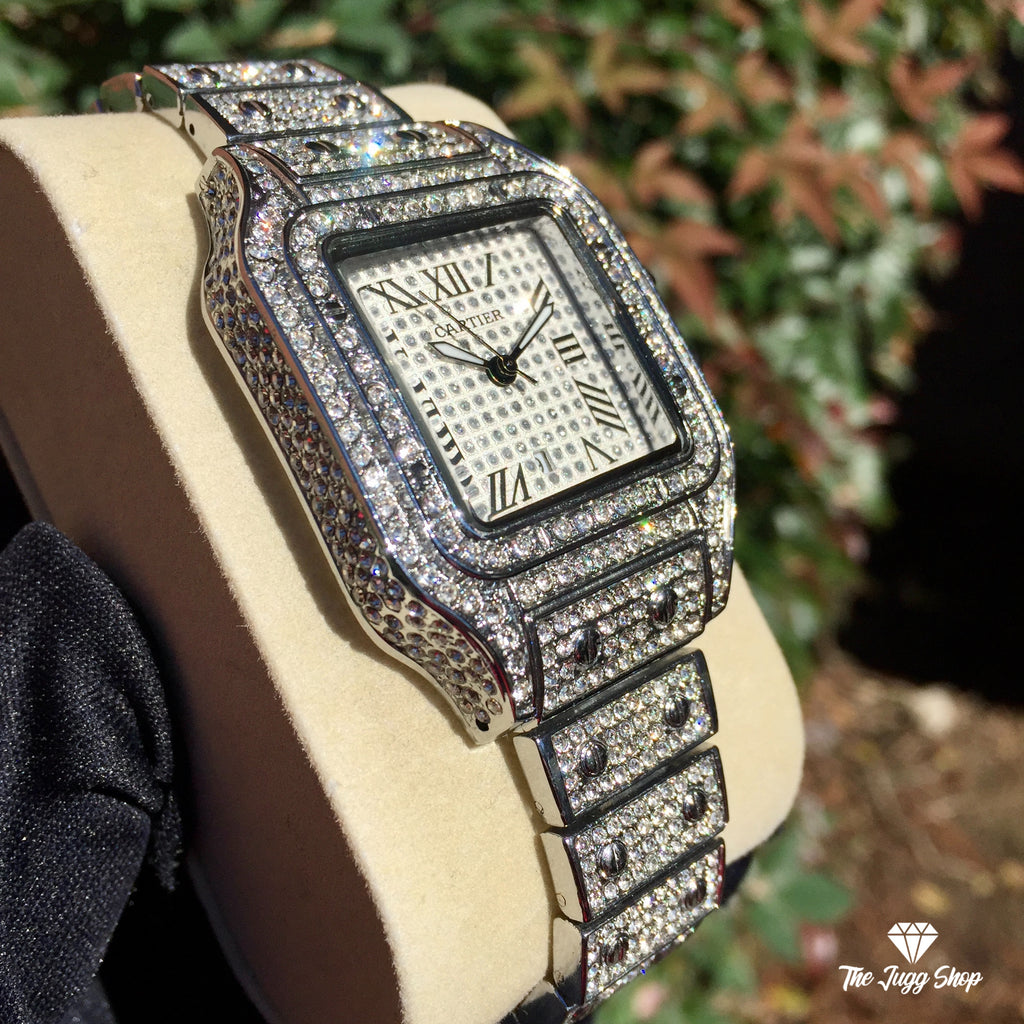 Iced Out Bust Down 18k Silver Diamond Cartier Men’s Watch