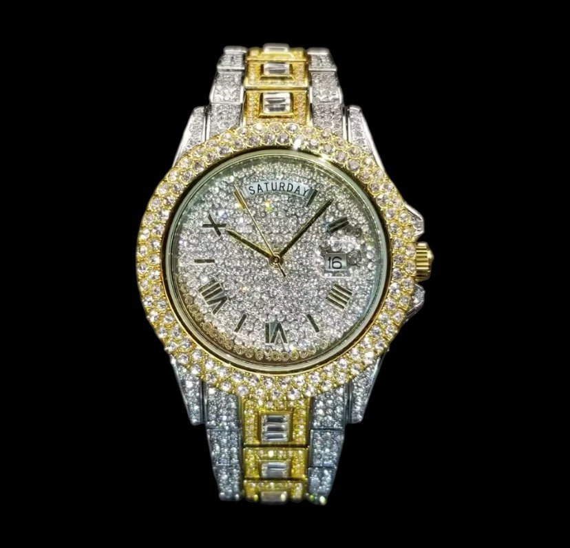Iced Out 42mm Two Tone Diamond + Baguette Day Date Watch