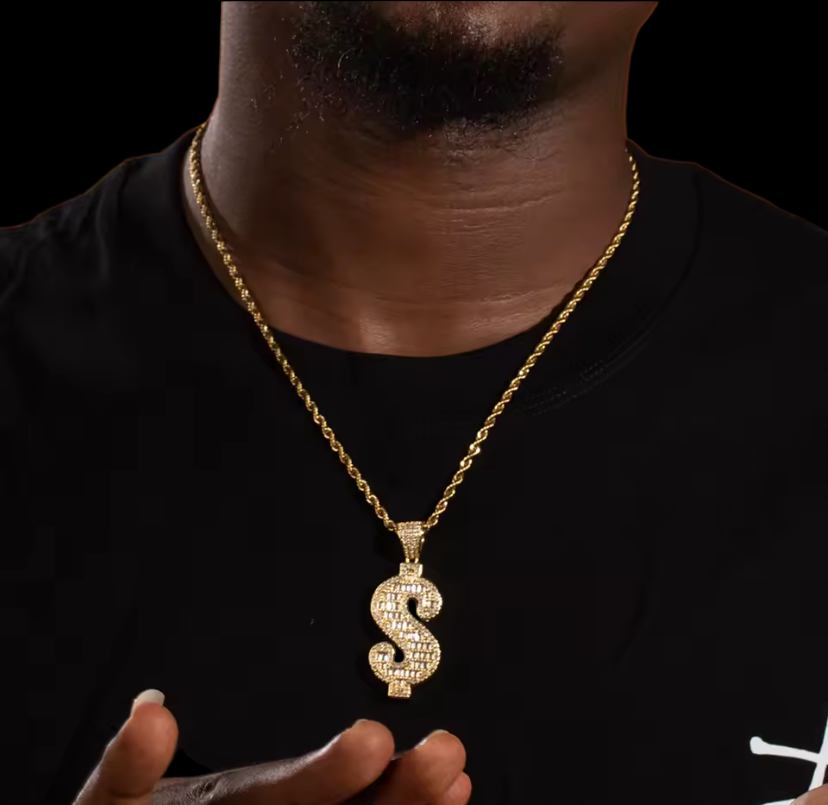Iced Out Diamond Baguette Money Sign Pendant