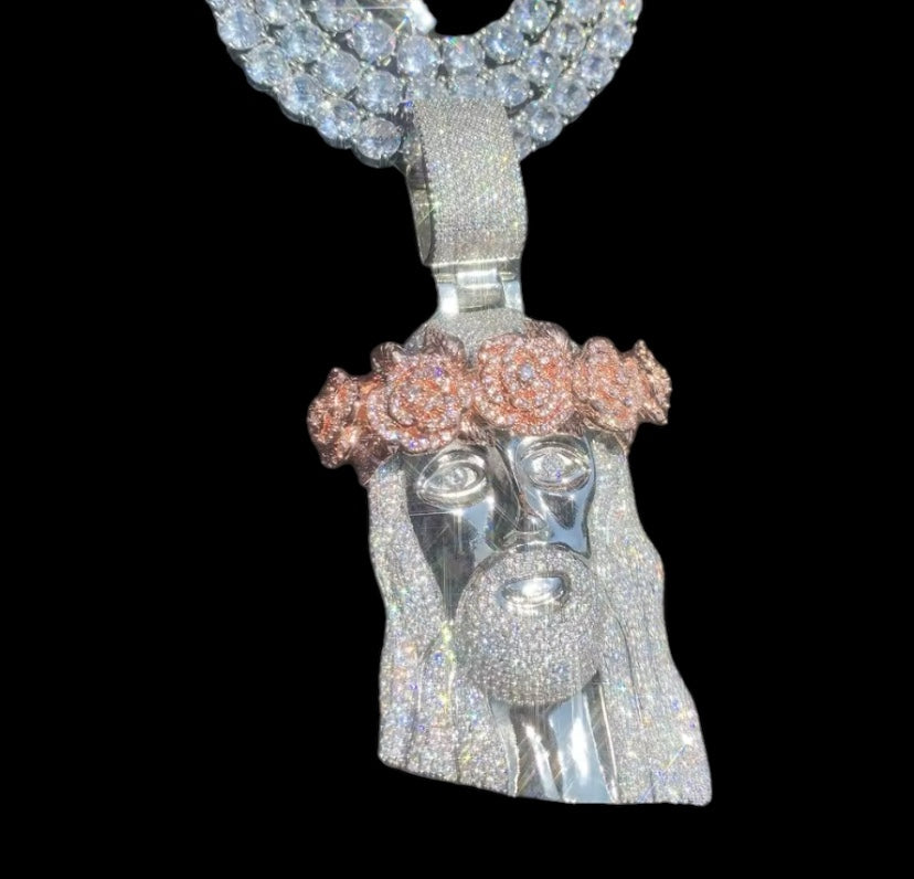14k Iced Out Silver & Rose Gold Diamond Jesus Piece