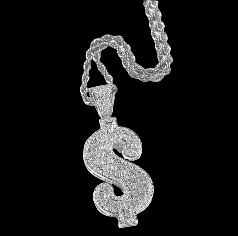 Iced Out Diamond Baguette Money Sign Pendant