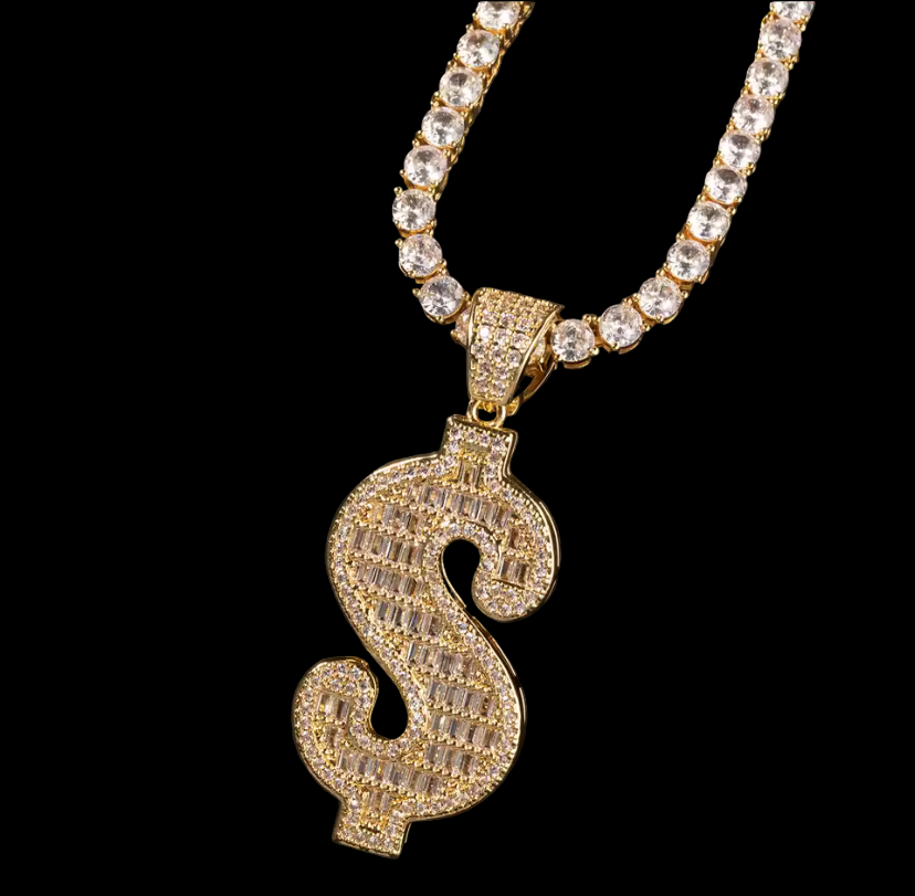Iced Out Diamond Baguette Money Sign Pendant