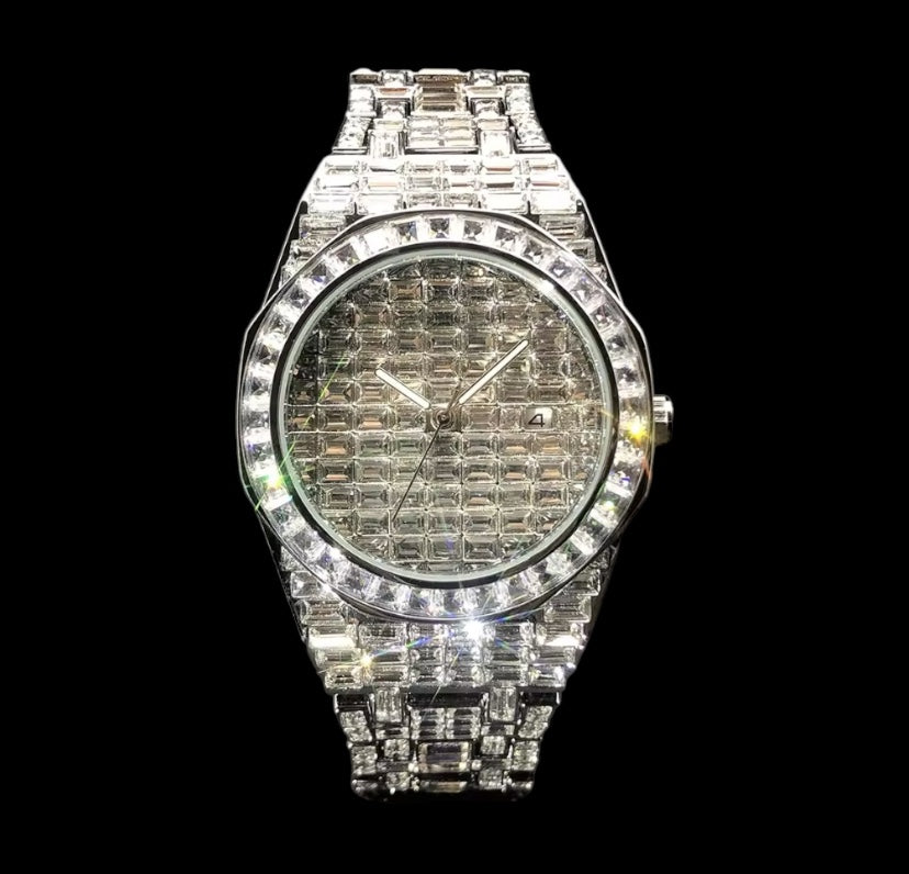 Iced Out 40mm Silver Full Diamond Baguette Watch