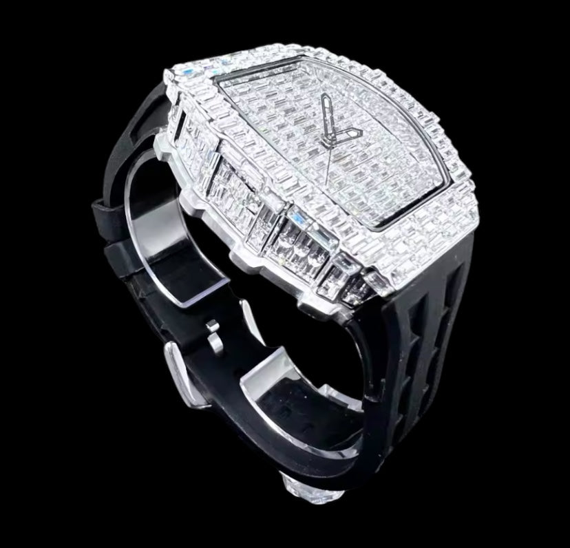 Iced Out 40mm Silver Diamond Baguette Face Black Band Watch