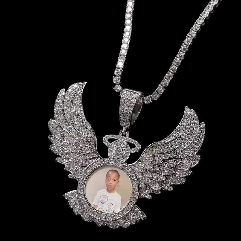Custom Diamond Angel Wings BIG Photo Charm Necklace