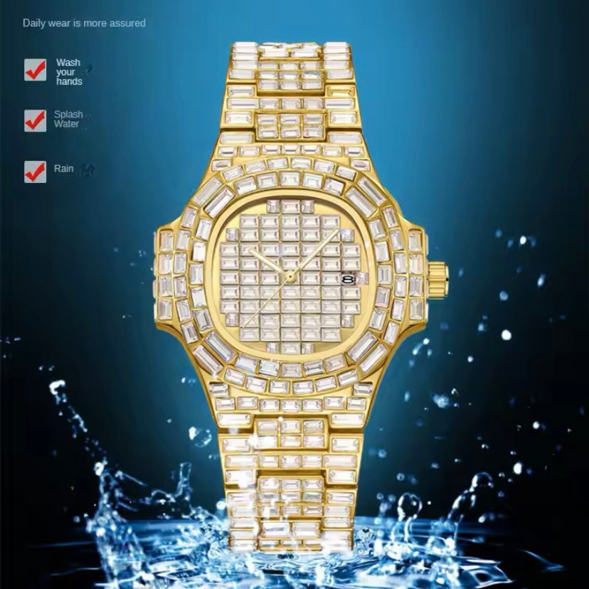 Iced Out Silver Diamond Baguette Watch