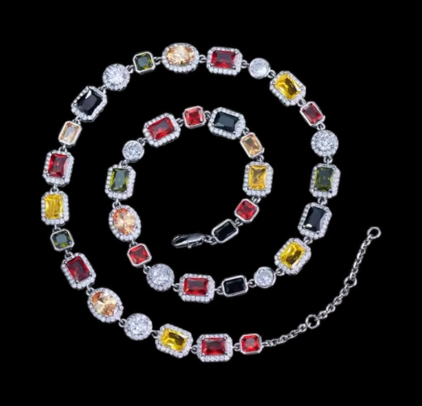 Iced Out Colored Gem Stone Diamond Necklace