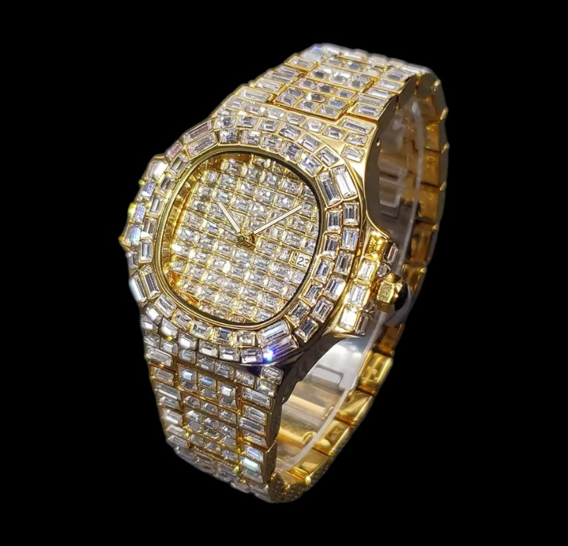 Iced Out Gold Diamond Baguette Watch