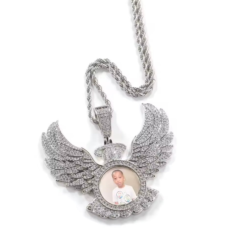 Custom Diamond Angel Wings BIG Photo Charm Necklace