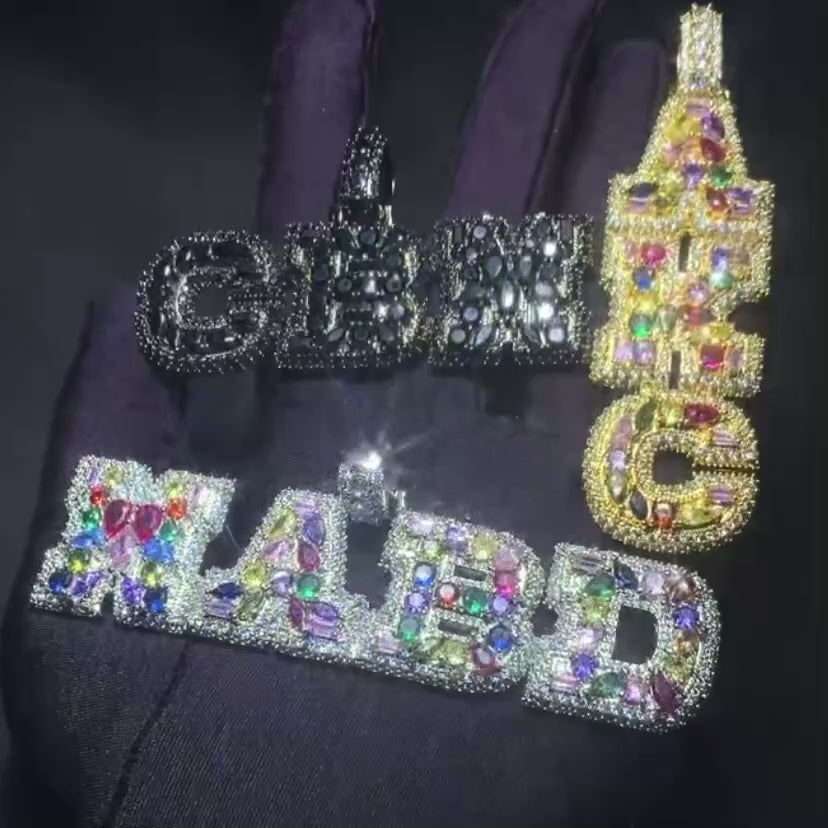 Custom Iced Out Emerald Cut Diamond Stacked Name Pendant