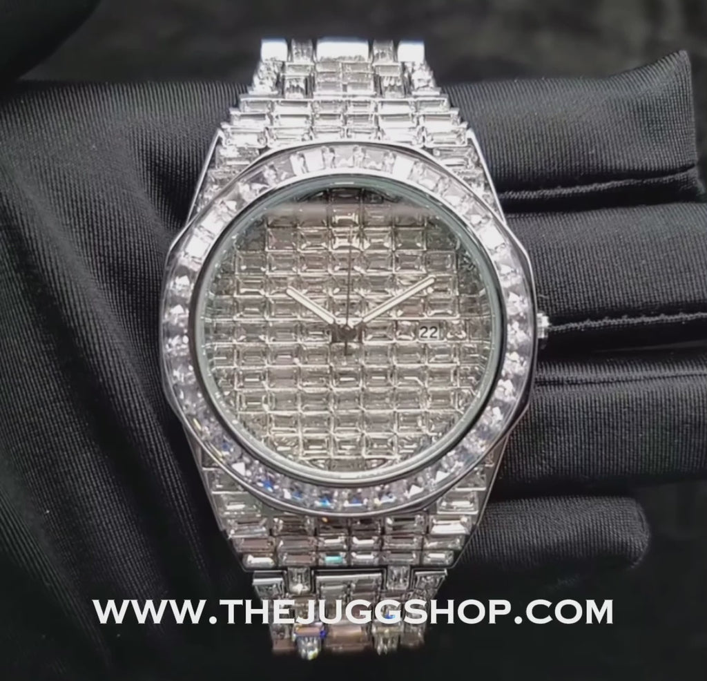 Iced Out 40mm Silver Full Diamond Baguette Watch