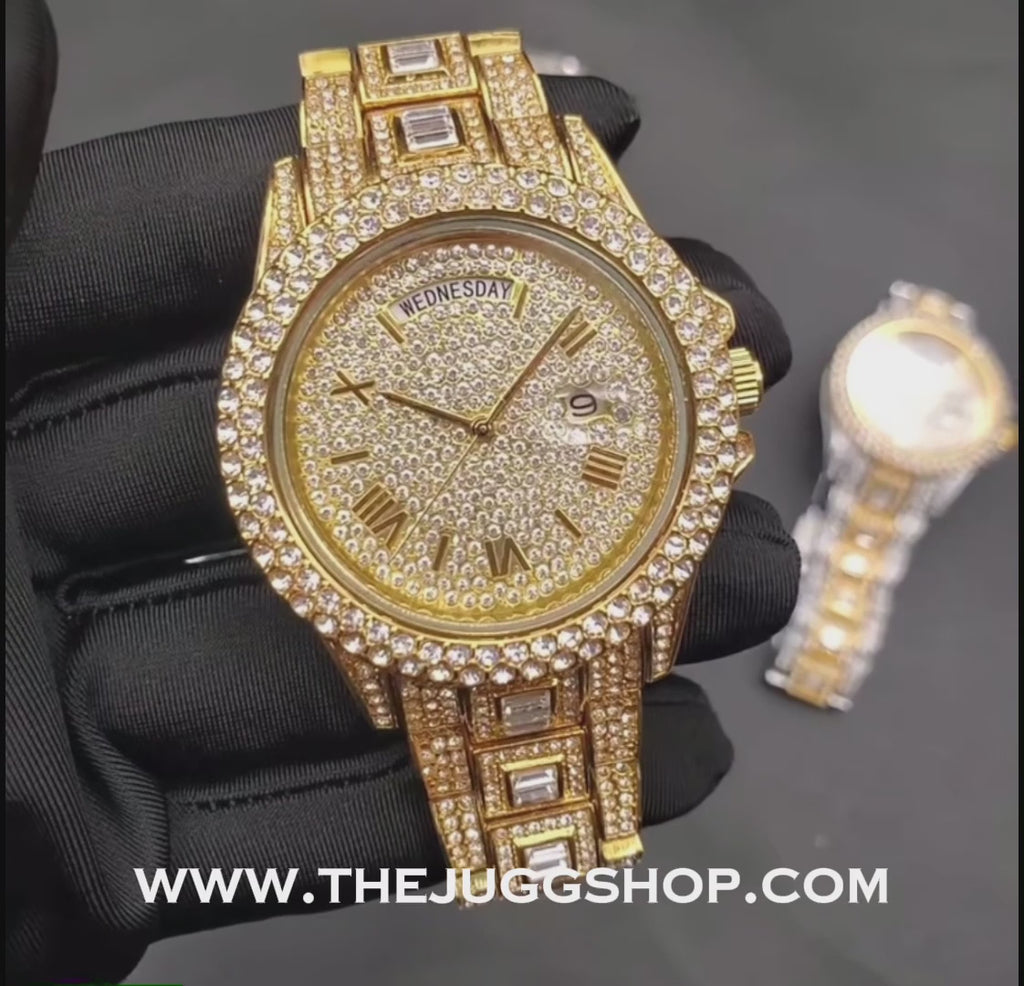 Iced Out 42mm Gold Diamond + Baguette Day Date Watch