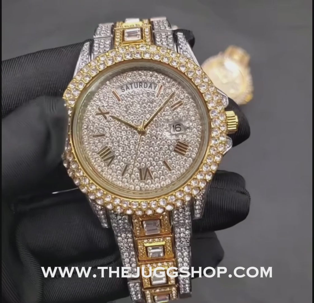 Iced Out 42mm Two Tone Diamond + Baguette Day Date Watch
