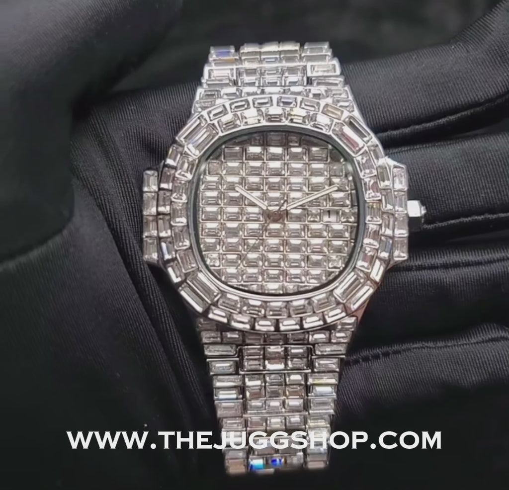 Iced Out Silver Diamond Baguette Watch