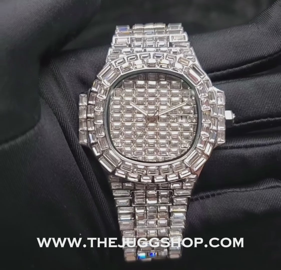 Iced Out Silver Diamond Baguette Watch