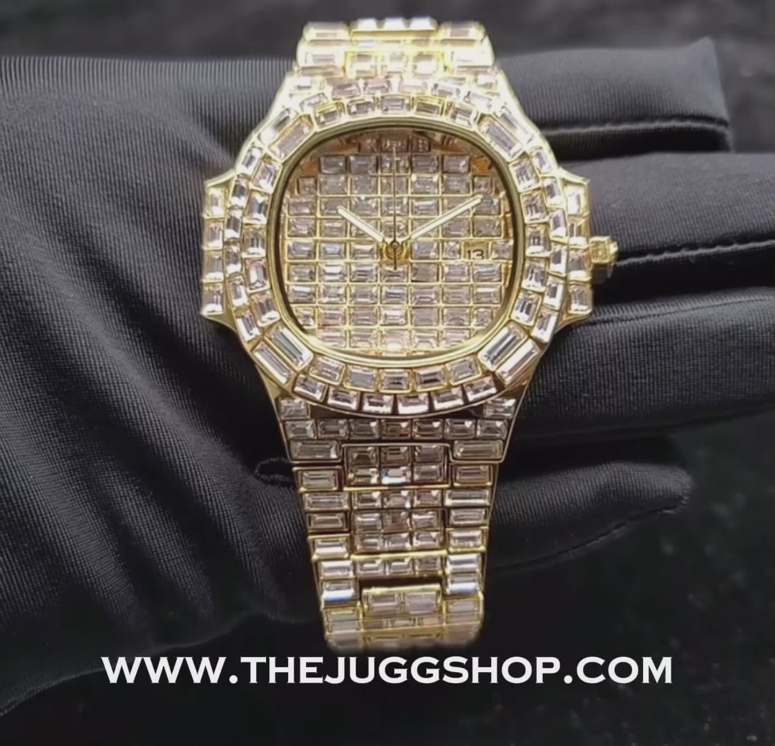 Iced Out Gold Diamond Baguette Watch