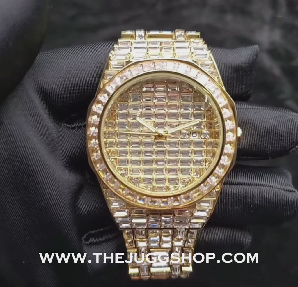 Iced Out 40mm Gold Full Diamond Baguette Watch