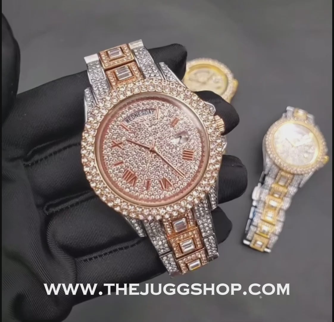 Iced Out 42mm Rose Gold Diamond + Baguette Day Date Watch