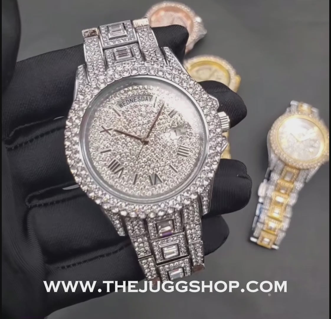 Iced Out 42mm Silver Diamond + Baguette Day Date Watch
