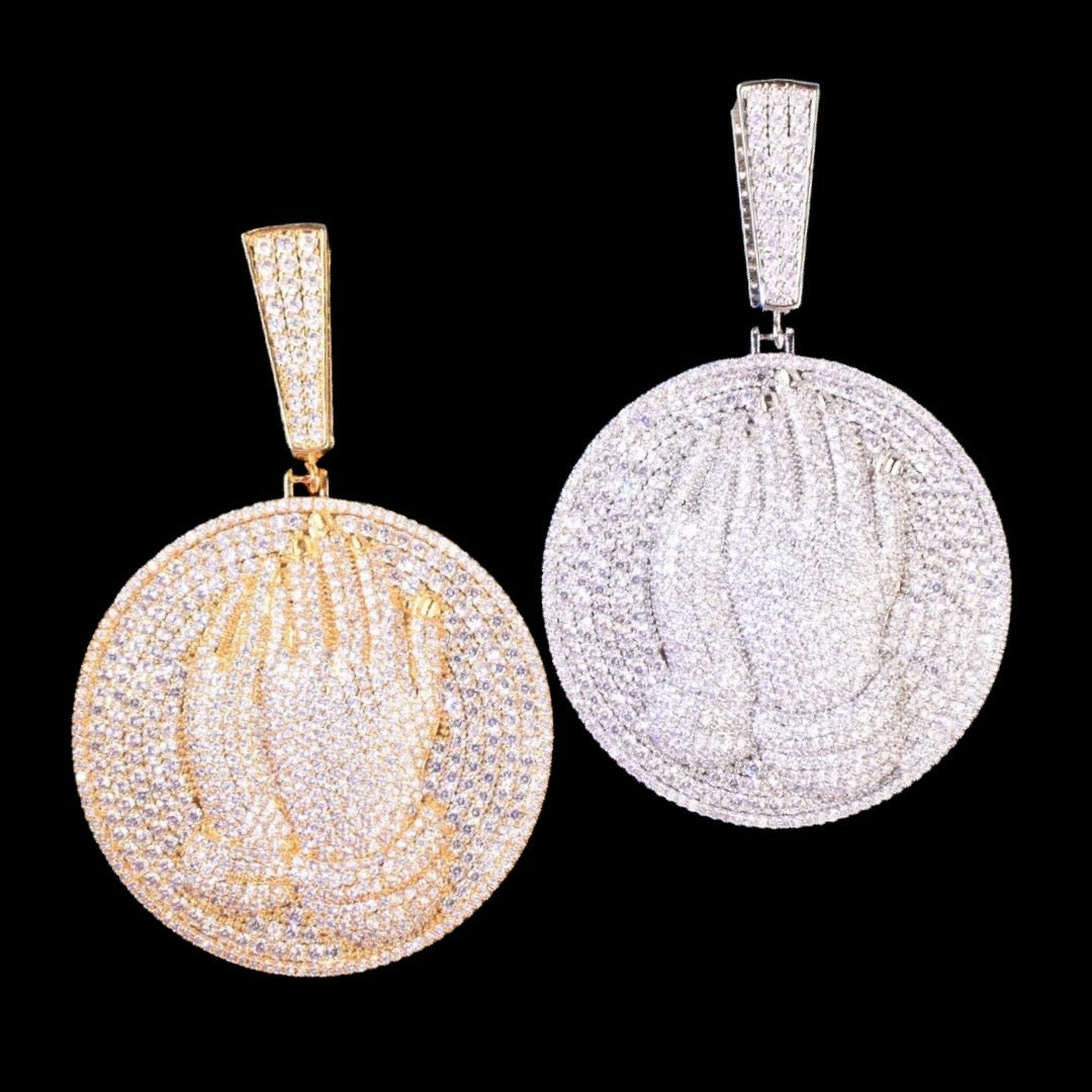 Iced Out Silver Prayer Hands Diamond Medallion Pendant