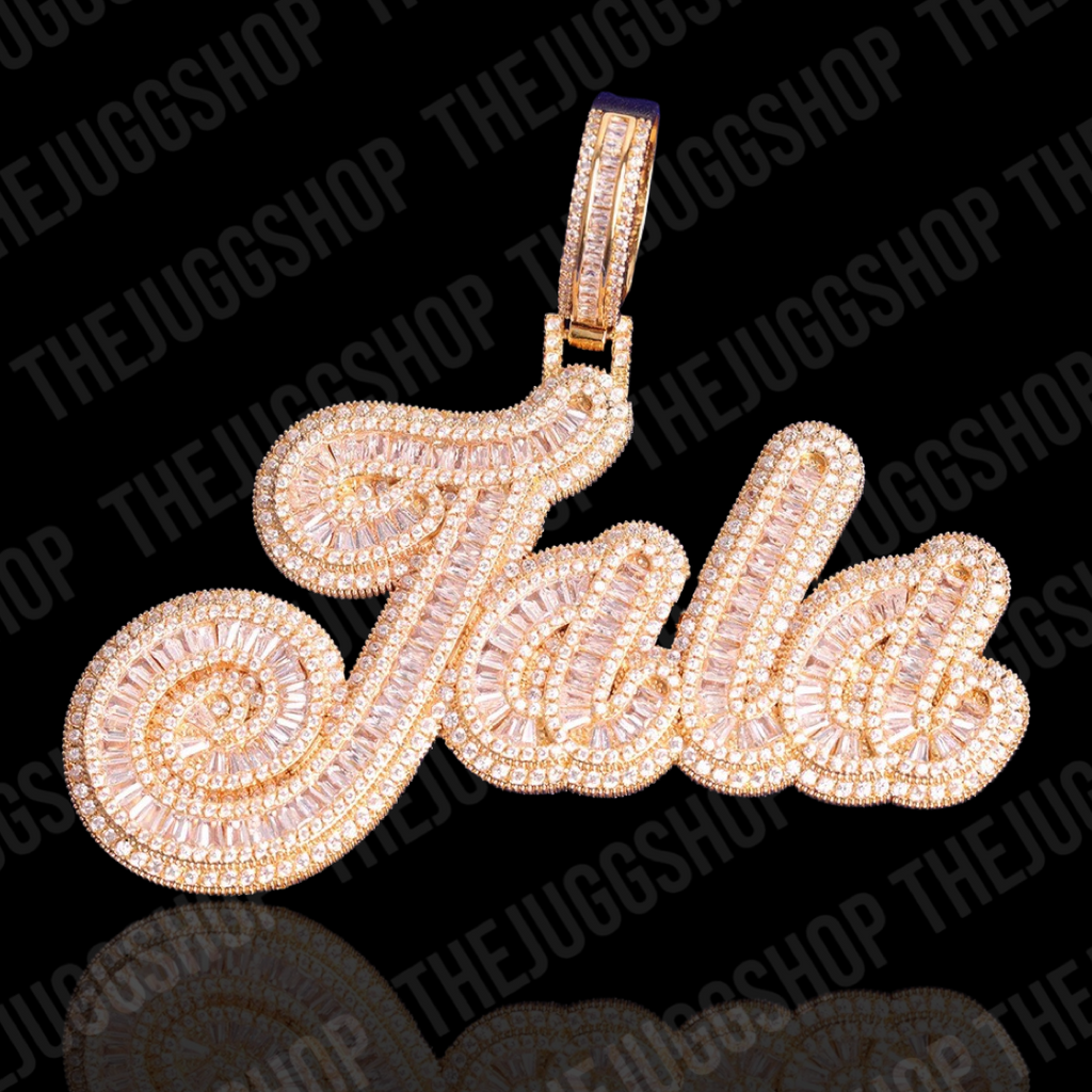 Custom Iced Out Cursive Baguette Name Pendant