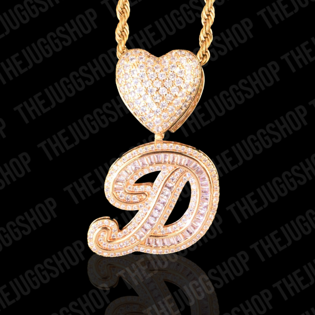 Iced Out Custom Baguette Initial With Heart Name Pendant
