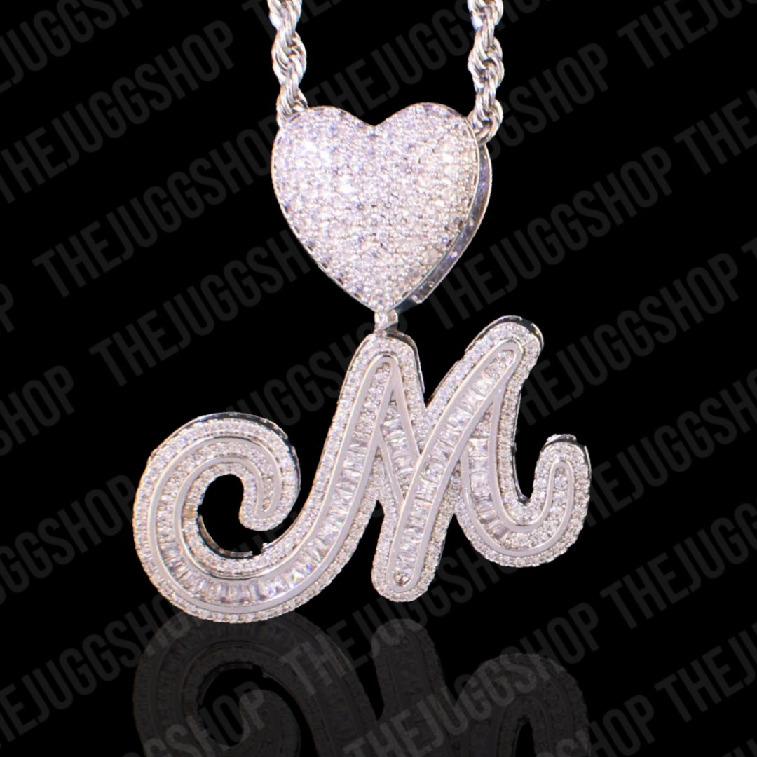 Iced Out Custom Baguette Initial With Heart Name Pendant