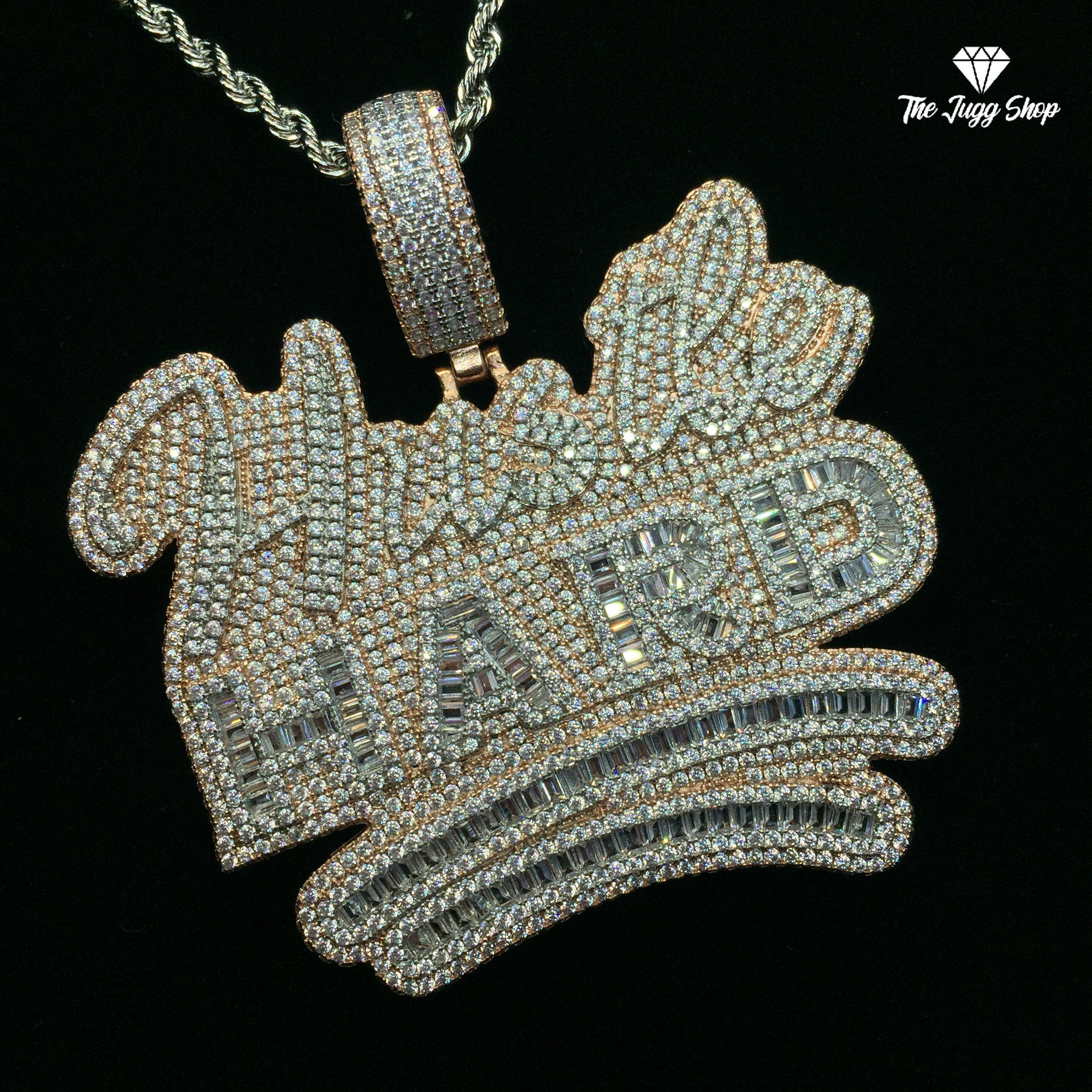 Iced Out Rose Gold “Hustle Hard” Baguette Pendant
