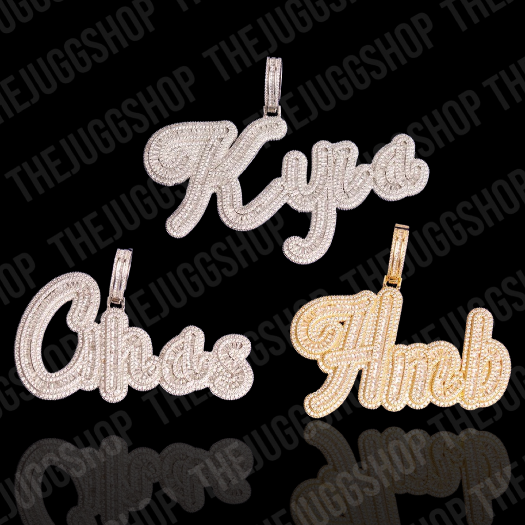 Custom Iced Out Cursive Baguette Name Pendant