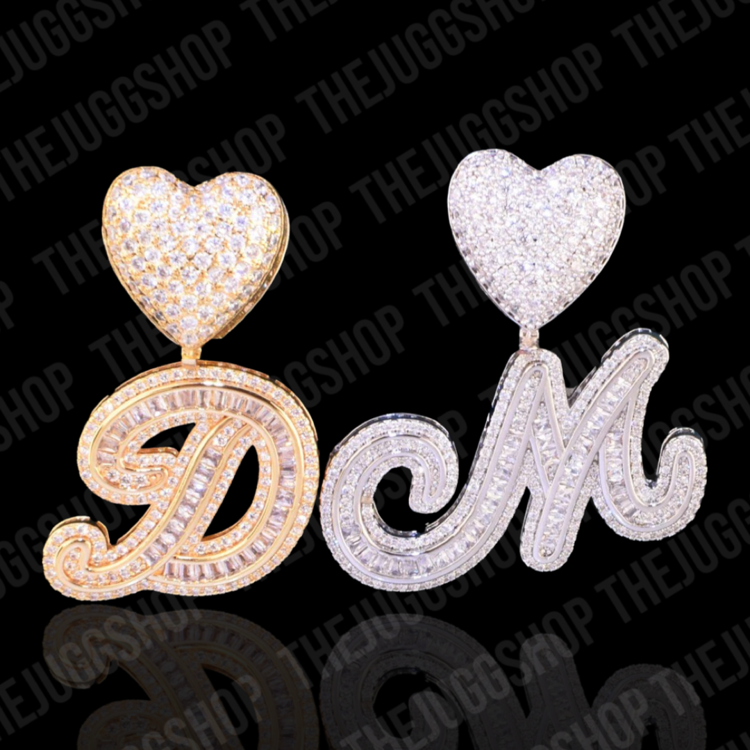 Iced Out Custom Baguette Initial With Heart Name Pendant